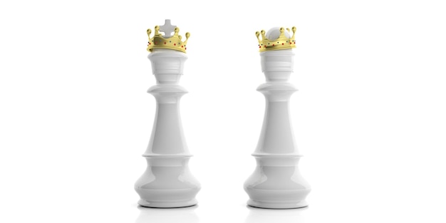 Weißer Schachkönig und Königin mit Kronen auf weißem Hintergrund 3D-Darstellung
