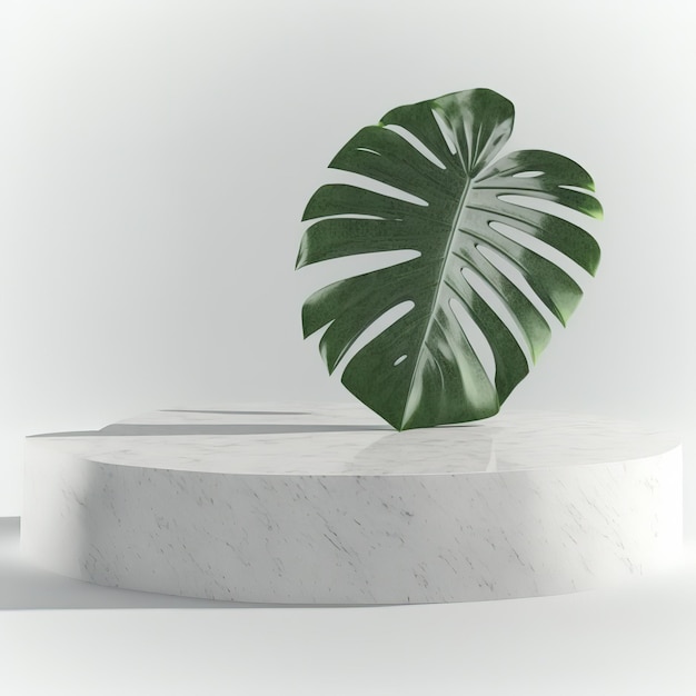 Weißer Ständer zum Ausstellen von Waren auf weißem Hintergrund und grünen Palmblättern 3D-Darstellung