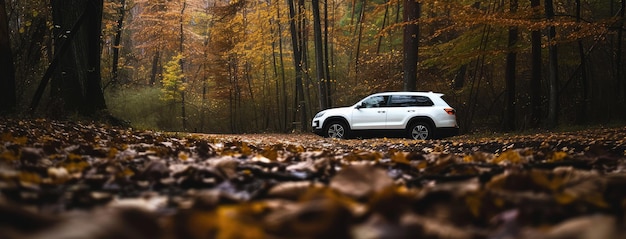 Weißer SUV auf einer Waldstraße, umgeben von Herbstblättern