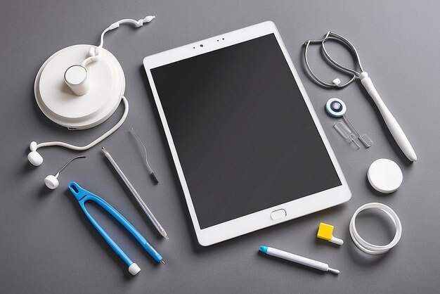 Weißer Tablet-PC und Arztwerkzeuge auf grauer Oberfläche