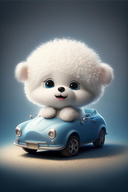 Weißer Teddybär sitzt auf einem blauen Auto mit generativer KI