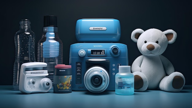 Weißer Teddybär sitzt neben Babyartikeln mit blauer Kamera