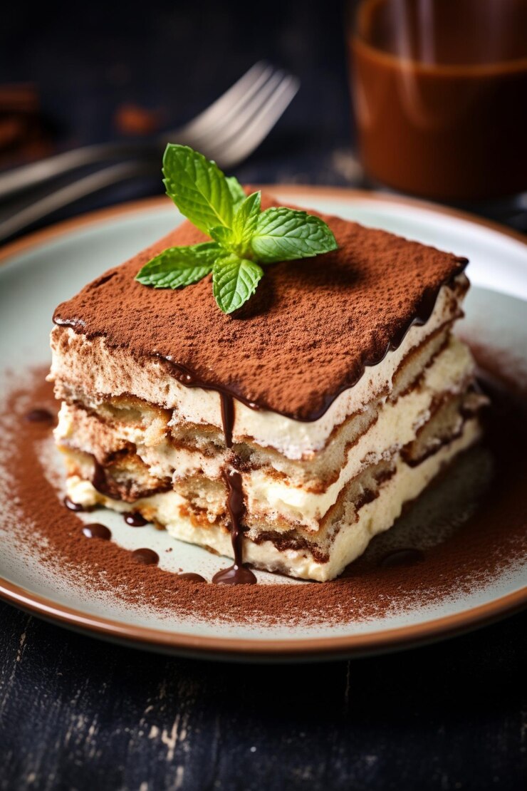 weißer Teller mit einem Stück leckerem Tiramisu-Kuchen