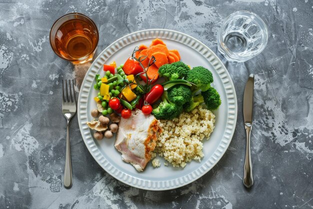 Weißer Teller mit Fleisch und Gemüse