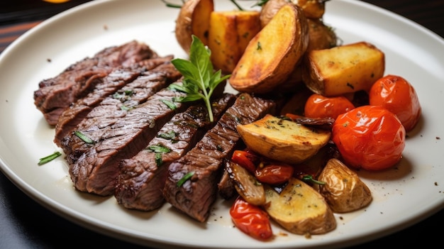 Weißer Teller mit gegrilltem Rindfleischsteak mit Kartoffelkeilen und Kirschtomaten