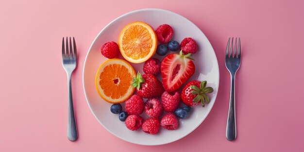 Weißer Teller mit Obst und Gabel gesundes Lebensmittelkonzept Flatlay Generative KI