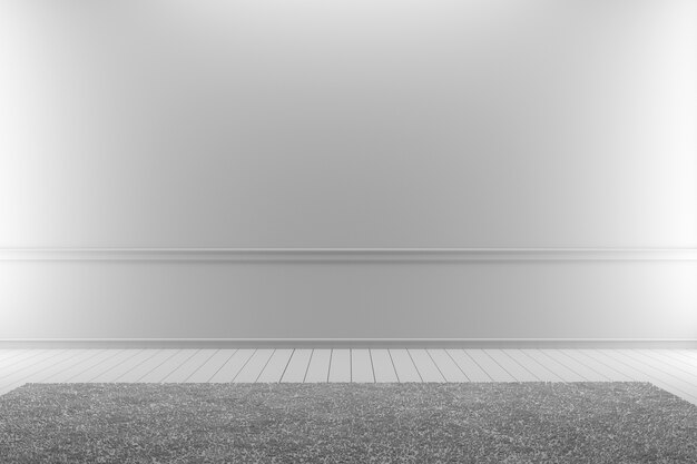 Weißer Teppich im weißen Bretterboden auf einem weißen leeren Raum. 3D-Rendering