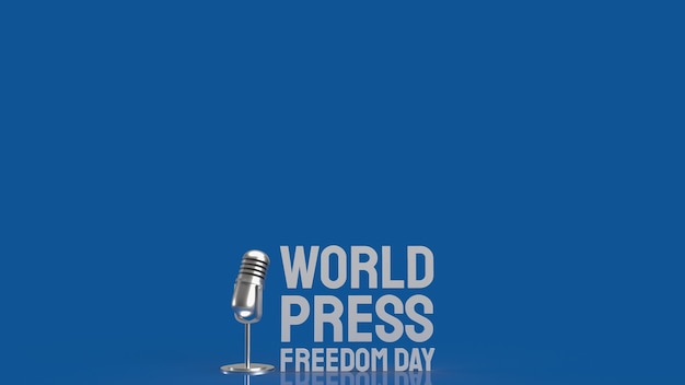 Weißer Text des Weltdruckfreiheitstages mit Mikrophne auf blauer Oberfläche