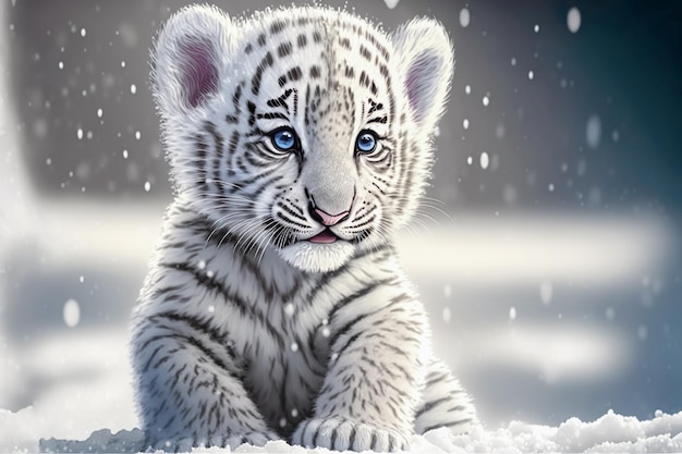 Weißer Tiger des netten Babys auf Schnee generativer ai