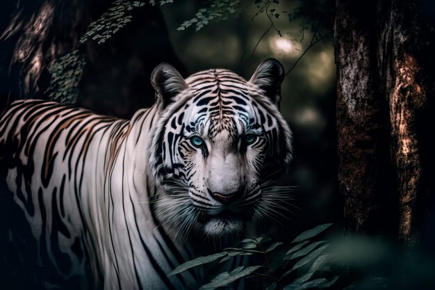 Weißer Tiger im Dschungel auf der Suche nach Beute Generative KI