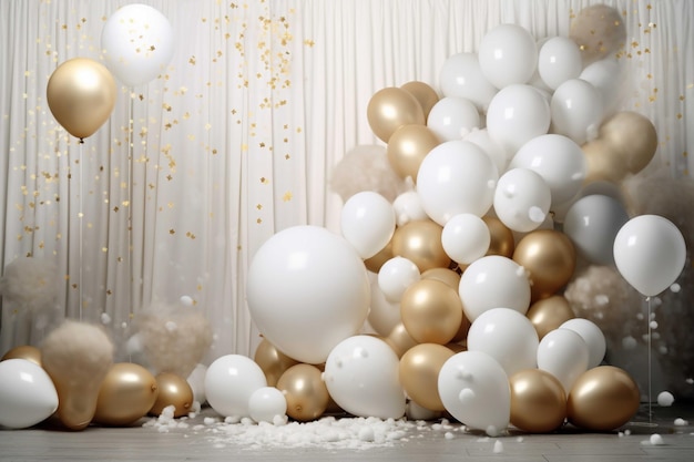 Weißer und goldener Weihnachts-Hintergrund mit Ballons und Konfetti 3D-Rendering