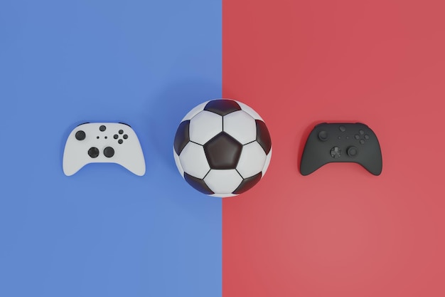 Foto weißer und schwarzer joystick-spielekonsolen-controller mit 3d-darstellung des fußball-fußballwettbewerbs