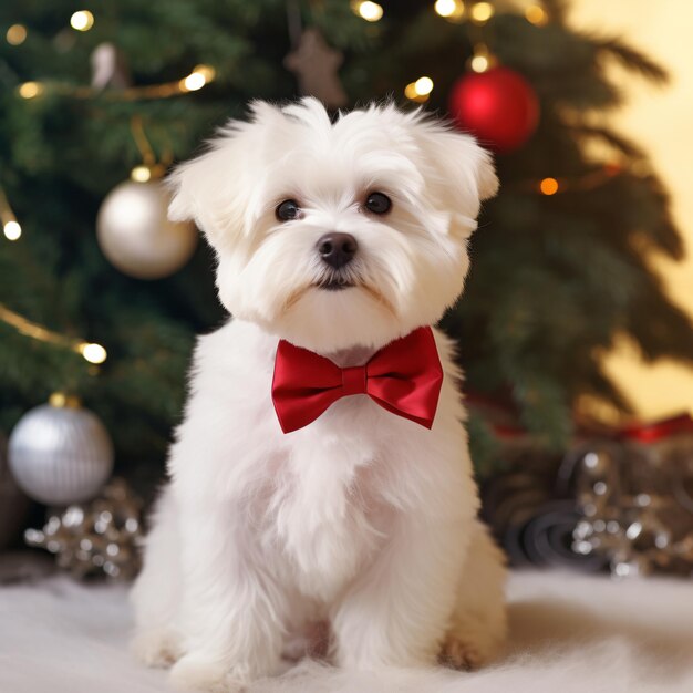 Foto weißer und süßer flauschiger hund vor dem hintergrund eines weihnachtsbaums