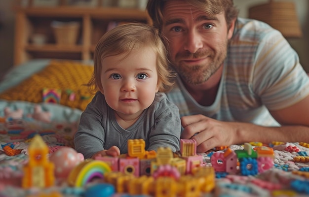 Weißer Vater, der attraktiv ist und zu Hause mit seiner entzückenden kleinen Tochter spielt