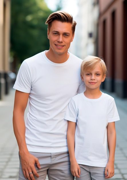weißer Vater und Sohn tragen passende weiße T-Shirts