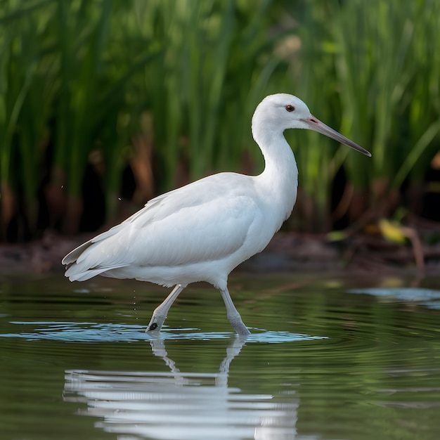 Weißer Vogel geht anmutig durch flaches Wasser und strahlt Eleganz aus