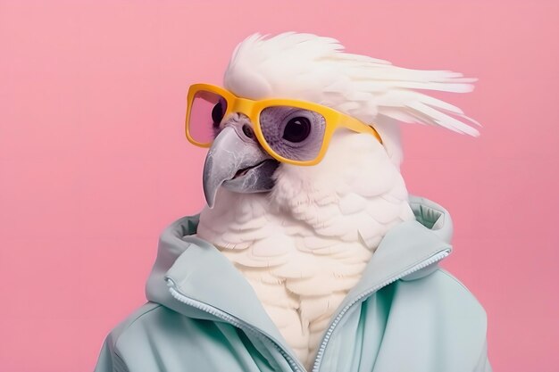 Foto weißer vogel papagei kakadu trägt brille und blaue kapuzenkleidung auf einem rosa pastellfarbenen hintergrund generierte ki