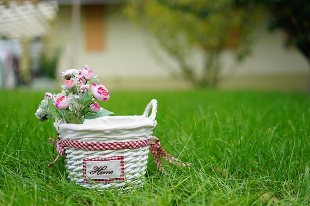 Weißer Weidenkorb mit dekorativen rosa Rosen steht auf grünem Gras mitten im Garten