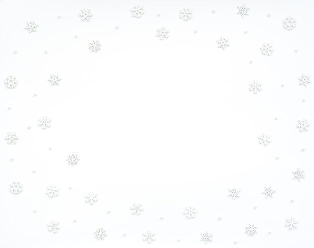 Foto weißer weihnachts- oder winterhintergrund mit kleinen weißen hölzernen schneeflocken und perlen.