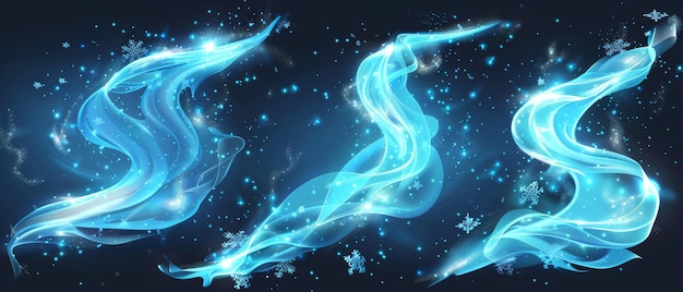 Weißer Wirbel-Duft, Windspritzung mit glühendem Effekt und Schneeteilchen, realistischer moderner Illustrationssatz von kalter frischer Brise, Sprühstrombewegung mit Schneeflocken