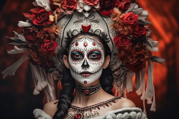Weißer Zuckerschädel Dia De Los Muertos auf Plakat für Halloween-Party mit kreativem Make-up