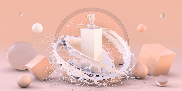 Weißes 3D-Kosmetikflaschenpodest in Spritzmilch mit Blasen Hautpflegeprodukt Banner für die Verpackung
