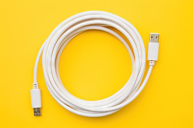 Weißes Apple-Lightning-auf-USB-C-Kabel auf gelbem Hintergrund, isoliert im Innenbereich