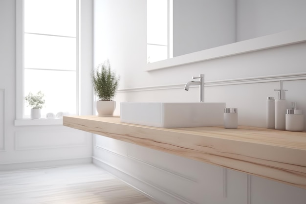 Weißes Badezimmer-Interieur. Leere Holztischplatte für von KI generierte Produkte