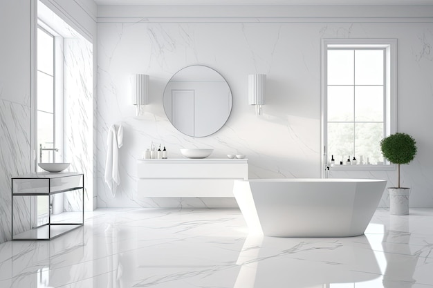 Weißes Badezimmer mit Badewanne, Waschbecken und Spiegel
