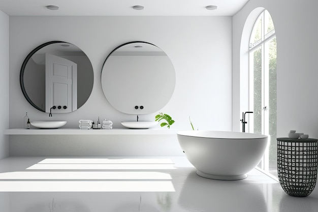 Weißes Badezimmer mit Zementboden, weiße Badewanne, zwei runde Waschbecken mit runden Spiegeln darüber
