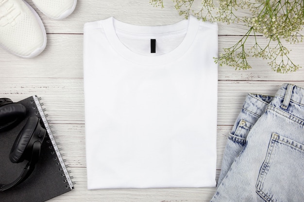 Weißes Baumwoll-T-Shirt-Modell der Frauen mit Blumen, Jeans, Turnschuhen, Papiernotizbuch und schwarzen Kopfhörern auf Holzhintergrund. T-Shirt-Vorlage entwerfen, Präsentationsmodell drucken. Draufsicht flach.