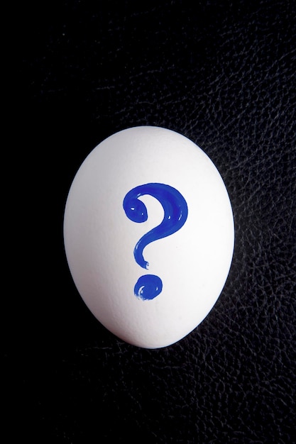 Weißes Ei mit einem Fragezeichen auf schwarzem Hintergrund
