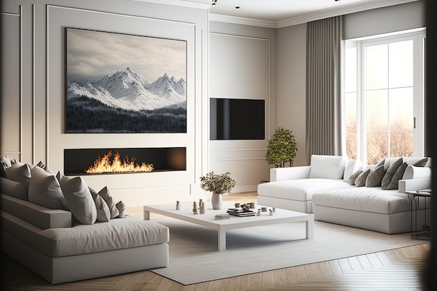 Weißes, elegantes Wohnzimmer mit Kamin-TV-Couchtisch und Sofa-Panorama