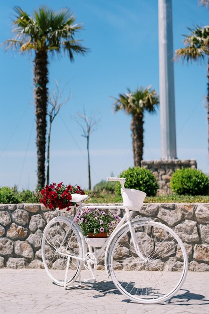 Weißes Fahrrad mit Blumen in Töpfen steht in der Nähe des Steinzauns des Parks