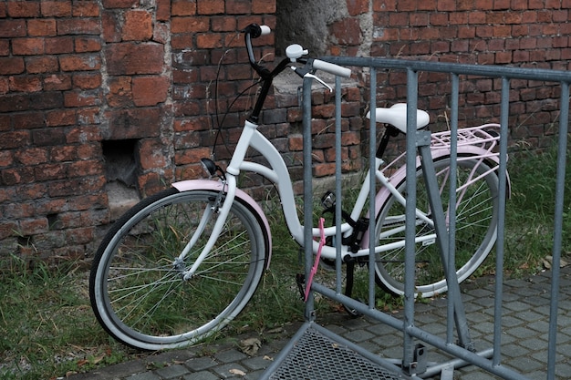 Weißes Fahrrad mit Blumenkorb in der Nähe des Zauns geparkt.