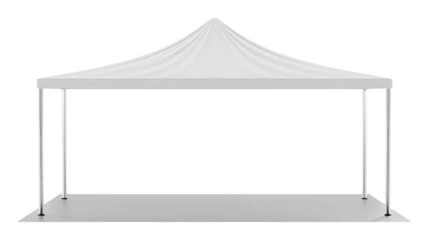 Weißes Faltzelt große rechteckige Markise mit Bodenbelag für Handel oder Ausstellung im Freien Realistisches 3D-Modell eines leeren Festzeltes für Festival- oder Partyveranstaltungen im Garten isoliert auf weißem Hintergrund
