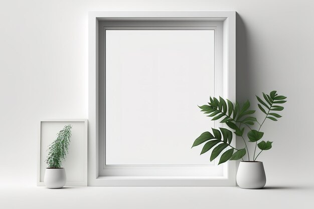 Weißes Fenster und ein minimalistischer Bilderrahmen vor einer weißen Wand bilden einen abstrakten Hintergrund für Produktpräsentationen