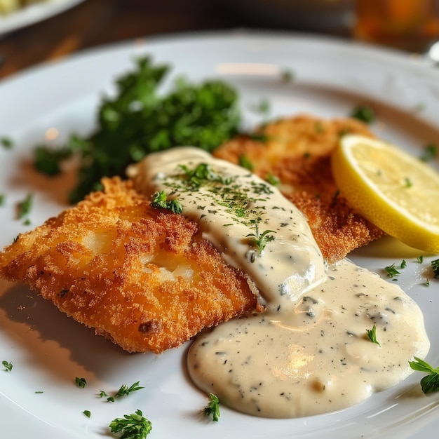 Foto weißes fischfilet, gebratenes pike-perch-zander-fillet mit sahnesauce closeup restaurant hauptgericht