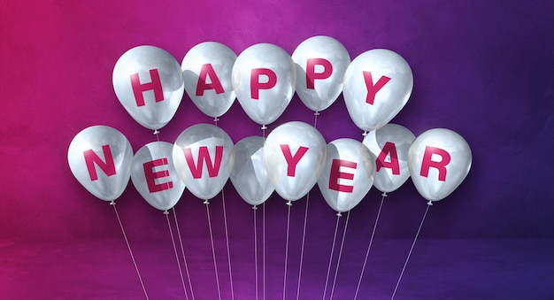 Weißes Frohes neues Jahr Ballons Haufen auf lila Beton Hintergrund. Horizontales Banner. 3D-Darstellung rendern