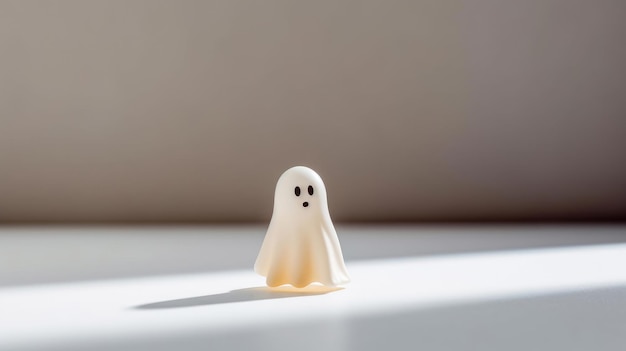 Weißes Geisterspielzeug auf weißem Tisch Minimales Happy-Halloween-Gruselkonzept Süßes oder Saures