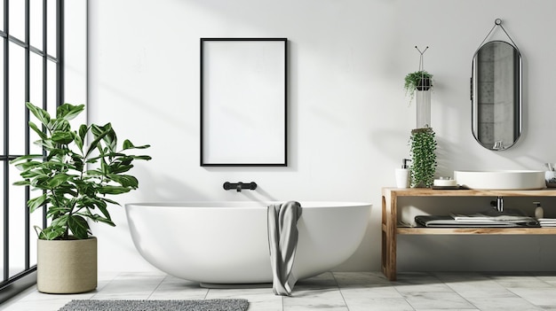Weißes gemütliches Badezimmer-Interieur im Bauernhaus-Stil Poster-Wand-Mockup Generative Ai