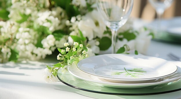 Foto weißes geschirr auf dem tisch mit grünen blumen und weißen tellern