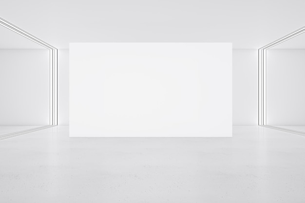 Weißes großes Poster auf glänzendem Boden in minimalistischer Innenarchitekturhalle 3D-Rendering-Mock-up
