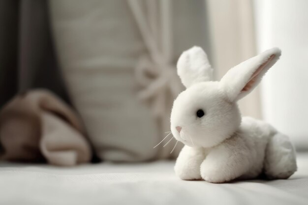 Weißes Hasen-Plüschtier auf weißem Hintergrund im Stil minimalistischer Fotografie und weicher Texturen generativer KI