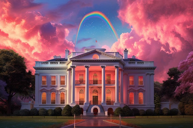 Weißes Haus in Washington, D.C. Regenbogenfarben, surreale Illustration, generative KI