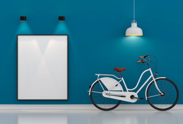 Weißes hippie-fahrrad, das im blauen raum mit lampe steht