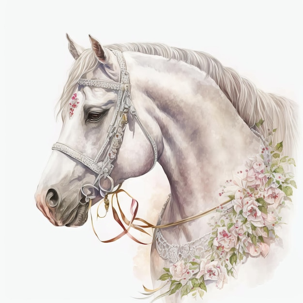 Foto weißes hochzeitspferd, cliparts, weißer hintergrund, aquarell