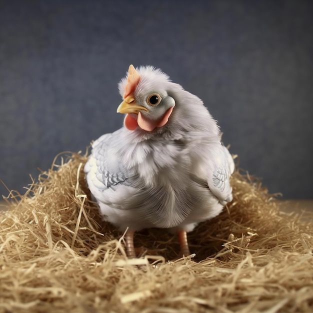 Weißes Huhn in einem Heu-Nest auf einem dunkelgrauen Hintergrund