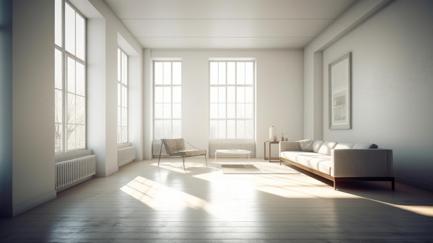 Weißes Innenwohnzimmer mit weißen Wänden und Panoramabüchern