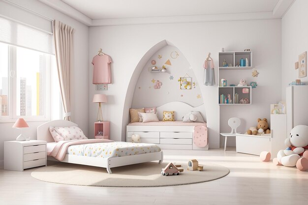 Weißes Interieur des Kinderzimmers 3D-Rendering